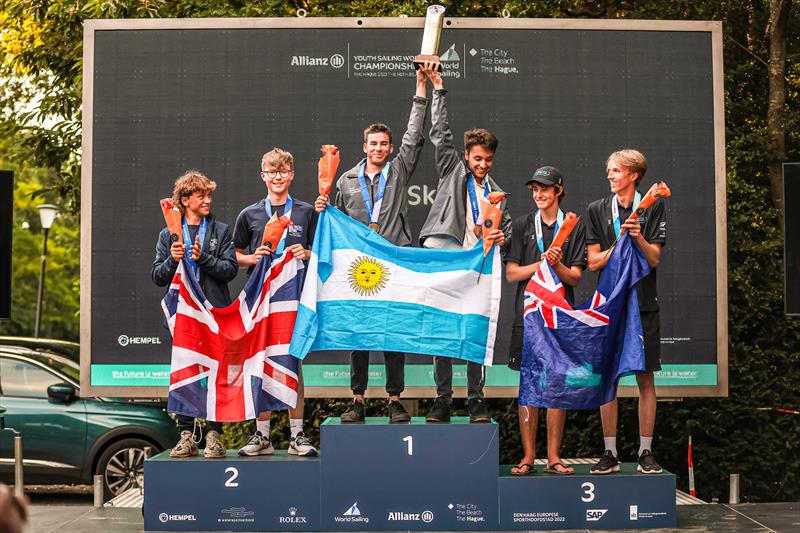 Seb Menzies (right) and George Lee Rush  (second from right) - (NZL) - Boys 29er - Allianz Youth World Sailing Championships - Day 5 - The Hague - July 2022 - photo © Sailing Energy / World Sailing