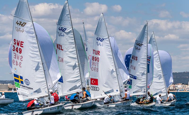 Close racing in the Mens 470 on Day 2 at Vilamoura photo copyright Joao Costa Ferreira taken at Vilamoura Sailing and featuring the 470 class