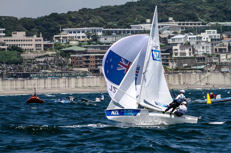 Tokyo2020 - Day 4 - July, 28, - Enoshima, Japan. Paul Snow-Hansen and Dan Willcox (NZL) Race 1 finish photo copyright Richard Gladwell - Sail-World.com / nz taken at  and featuring the 470 class