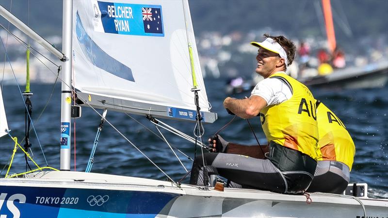 Will Ryan is all smiles as the AUS Mens 470 crew crosses the finish line - Mens 470 Medal Race - Tokyo2020 - Day 10 - August 4, , Enoshima, Japan photo copyright Richard Gladwell - Sail-World.com / nz taken at  and featuring the 470 class