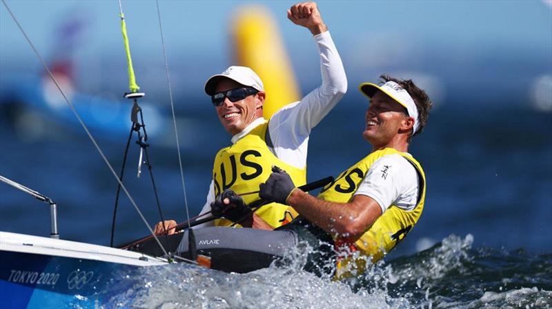Mathew Belcher and Will Ryan of Team Australia winning gold in the Men's 470 class on day twelve of the Tokyo 2020 Olympic Games at Enoshima Yacht Harbour on August 04, in Fujisawa, Japan photo copyright Australian Olympic Committee taken at  and featuring the 470 class