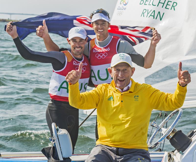 470M AUS Mat Belcher AUSMB11 Will Ryan AUSWR2 With 'Medalmaker' coach Victor Kovalenko. 2016 Olympic Games Rio de Janeiro - photo © Daniel Forster