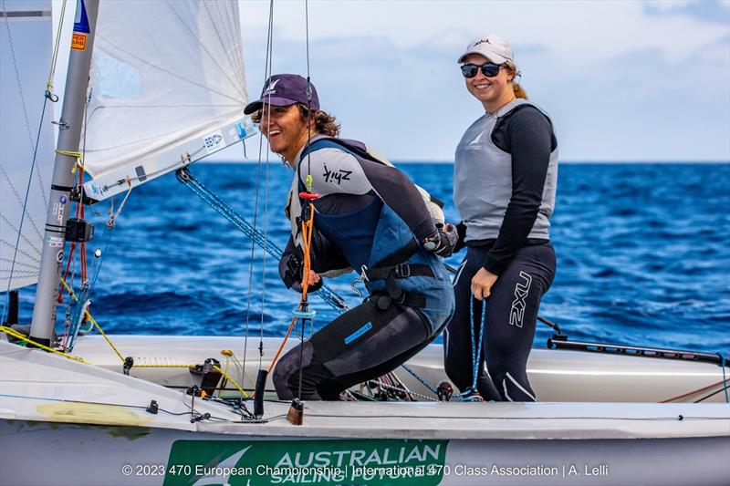 Sophie Jackson and Angus Higgins head out to the race area during the 470 Europeans in San Remo, Italy - photo © A Lelli