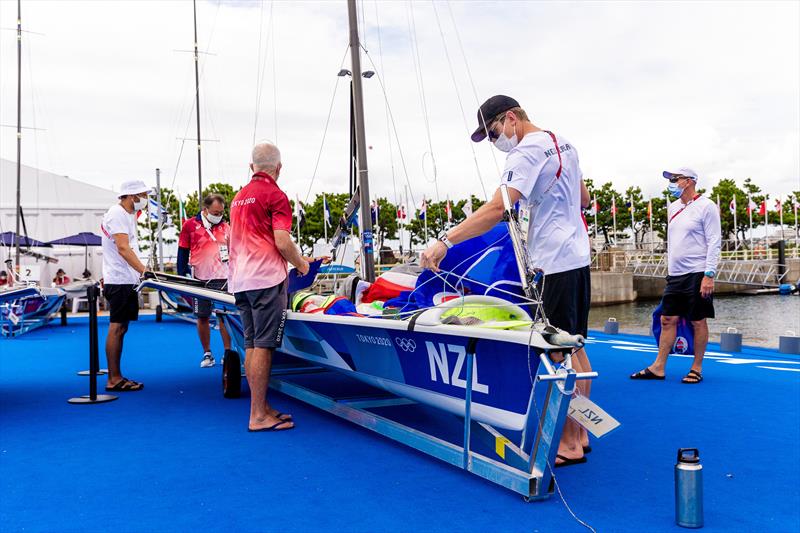 Waiting in the boat park ahead of the 49er Medal Races at the Tokyo 2020 Olympic Sailing Competition photo copyright Sailing Energy / World Sailing taken at  and featuring the 49er class
