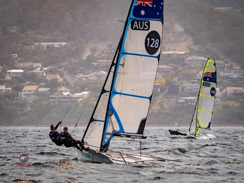 Laura Harding and Laura Thompson (49erFX 128) and James Grogan and Charlie Dickson (49er) sailing for RBYC at the Zhik Australian 9er Champs photo copyright Ollie Hartas taken at Royal Sydney Yacht Squadron and featuring the 49er class