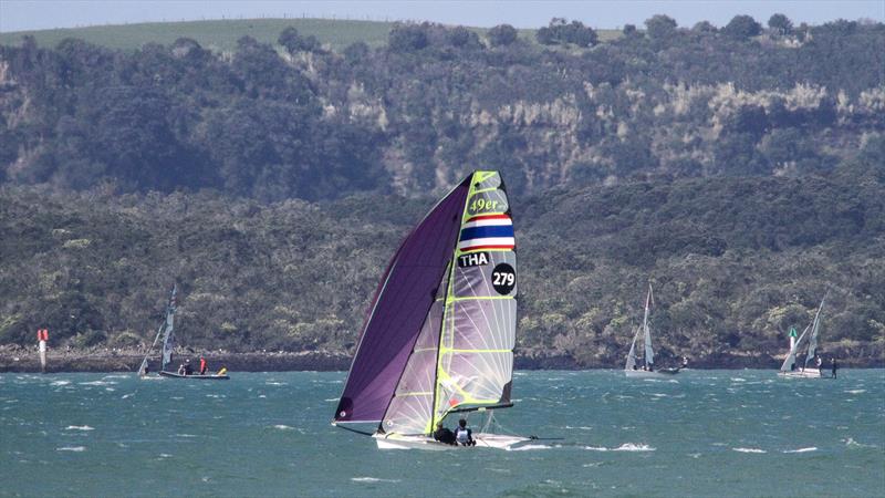 Thailand 49er training on the Waitemata Harbour, with another group lining up for a start in fresh conditions off Rangitoto Island,  ahead of the 2019 World Championships. The 49er, 49erFX and Nacra 17 World Championships get underway in four weeks photo copyright Richard Gladwell taken at Takapuna Boating Club and featuring the 49er class