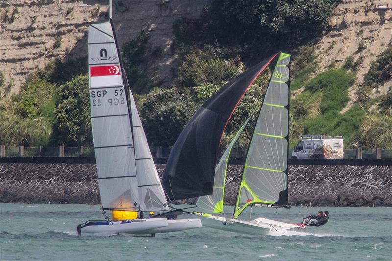 Singapore Nacra 17 and 49er training on the Waitemata Harbour ahead of the 2019 World Championships. The 49er, 49erFX and Nacra 17 World Championships get underway in four weeks photo copyright Richard Gladwell taken at Takapuna Boating Club and featuring the 49er class