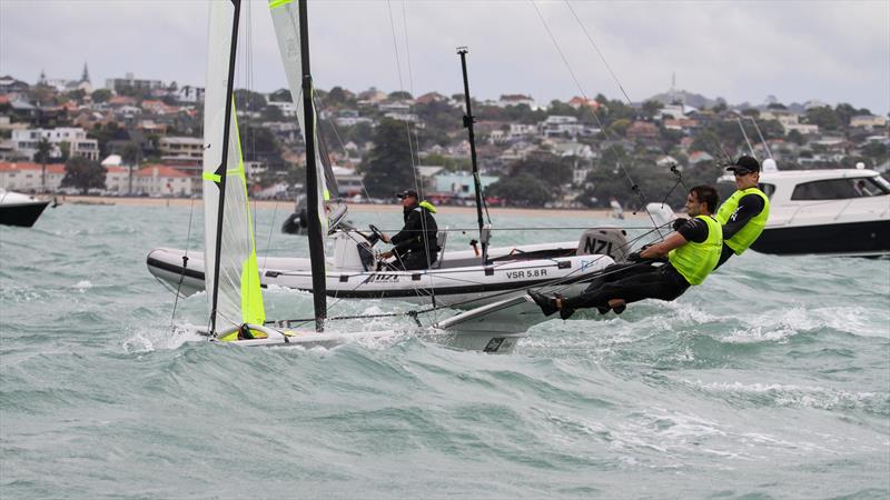 Peter Burling and Blair Tuke break away from their coach - Hamish Willcox before the Medal Race start - 49er - 49er Worlds, - Day 6 - Auckland , December 3-8, photo copyright Richard Gladwell / Sail-World.com taken at Royal Akarana Yacht Club and featuring the 49er class