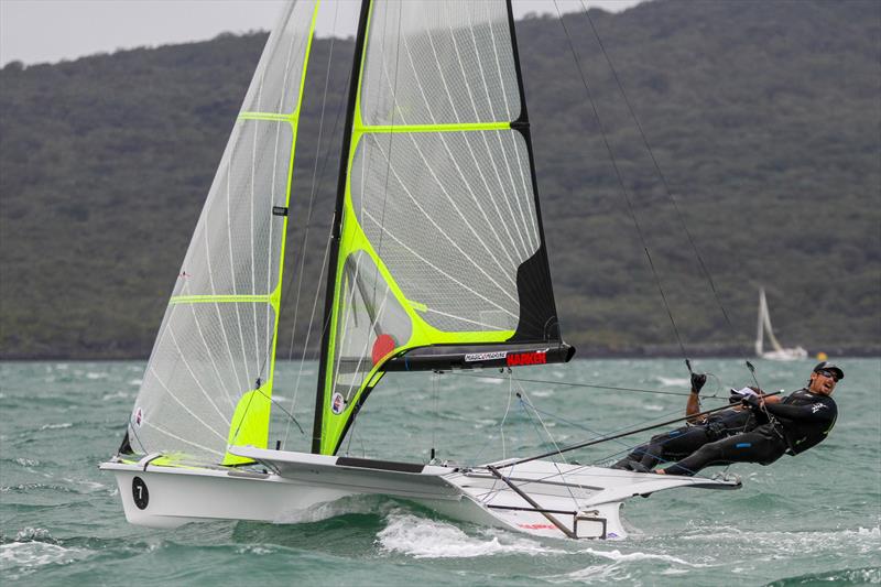 Logan Dunning Beck (NZL) lets go with some advice - Medal Race - 49er - 49er Worlds, - Day 6 - Auckland , December 3-8, photo copyright Richard Gladwell / Sail-World.com taken at Royal Akarana Yacht Club and featuring the 49er class