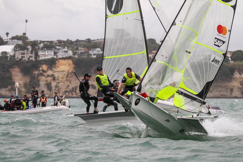 Burling and Tuke celebrate as a group of young sailors and fans look on to see a very specila moment - 49er class- Hyundai Worlds - December 2019 photo copyright Richard Gladwell / Sail-World.com taken at Royal Akarana Yacht Club and featuring the 49er class