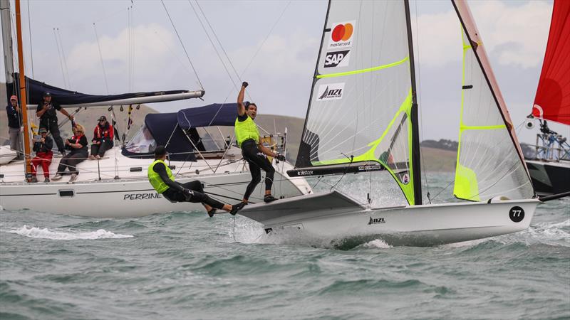 Victory whoop from Blair Tuke - 49er - Hyundai Worlds - December 2019 photo copyright Richard Gladwell / Sail-World.com taken at Royal Akarana Yacht Club and featuring the 49er class