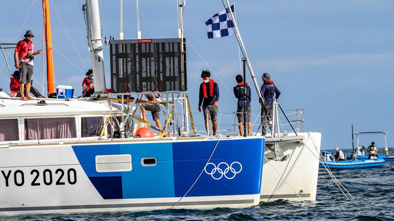 Tokyo2020 - Day 3 - July, 27, - Enoshima, Japan. The Abandonment signal is hoisted on Race 2 of the 49ers - photo © Richard Gladwell - Sail-World.com / nz