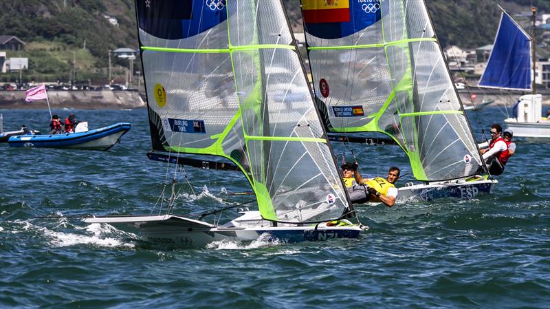 Peter Burling and Blair Tuke (NZL) head off from the start - 49er - Tokyo2020 - Day 9- August 2, - Enoshima, Japan photo copyright Richard Gladwell - Sail-World.com / Photosport taken at Royal New Zealand Yacht Squadron and featuring the 49er class