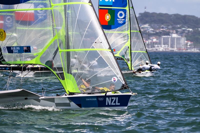 Peter Burling and Blair Tuke (NZL) head off from the start - 49er - Tokyo2020 - Day 9- August 2, - Enoshima, Japan photo copyright Richard Gladwell - Sail-World.com / Photosport taken at Royal New Zealand Yacht Squadron and featuring the 49er class