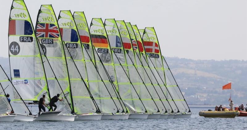 How's this for a tight start line photo copyright Nikos Pantis taken at  and featuring the 49er class