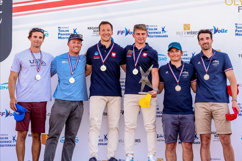 Mac Agnese and Nevin Snow with their silver medals on the 49er podium at French Olympic Week 2022 photo copyright Sailing Energy taken at  and featuring the 49er class