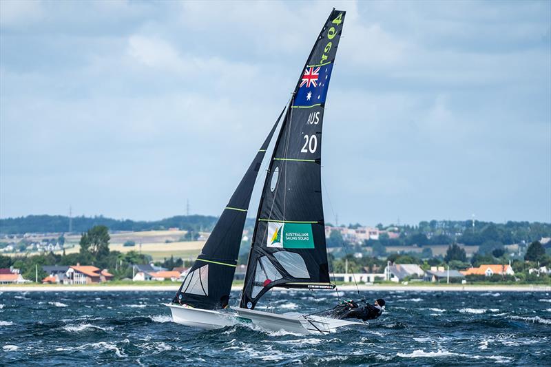 Jim Colley and Shaun Connor revelling in the big conditions - 49er, 49erFX and Nacra 17 European Championships photo copyright Beau Outteridge taken at  and featuring the 49er class