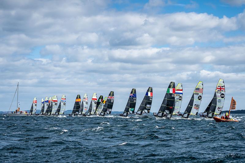 Start of the first 49er race of the day - 49er, 49erFX and Nacra 17 European Championships photo copyright Beau Outteridge taken at  and featuring the 49er class