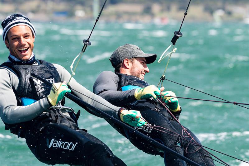 Jim Colley and Shaun Connor plying their trade. The crew were invaluable to the development of the Vaikobi Torque Quick-Release Trapeze Harness - photo © Drew Malcolm