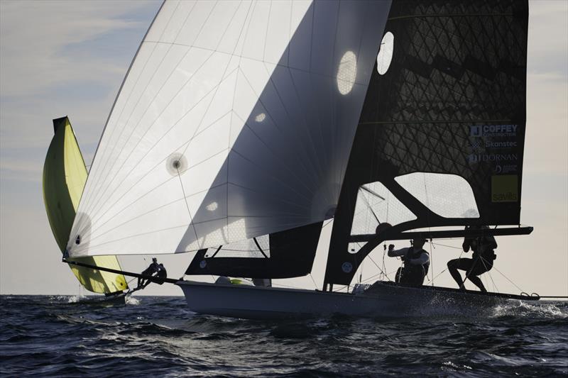 Sean Waddilove and Robert Dickson (IRL) competing in the Gold fleet final round at the 49er European Championships photo copyright David Branigan / Oceansport taken at Vilamoura Sailing and featuring the 49er class