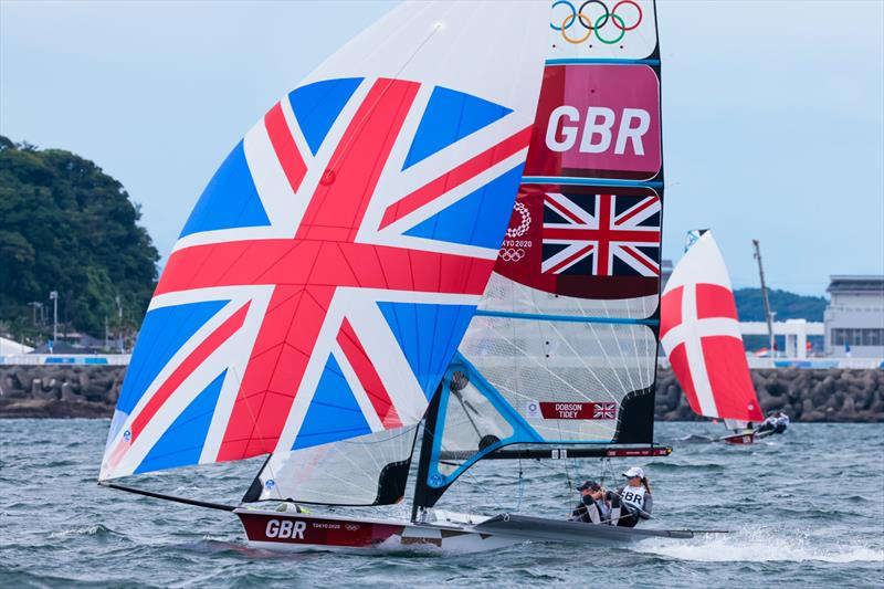 Charlotte Dobson and Saskia Tidey in the Women's 49erFX fleet on Tokyo 2020 Olympic Sailing Competition Day 3 photo copyright Sailing Energy / World Sailing taken at  and featuring the 49er FX class