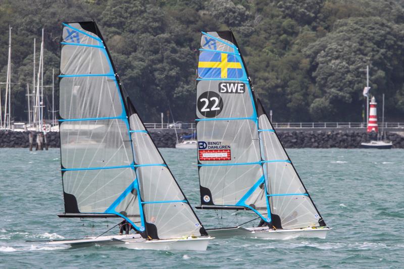 Swedish 49erFX crews train on the Waitemata ahead of the 2019 Hyundai Worlds photo copyright Richard Gladwell / Sail-World.com taken at Royal Akarana Yacht Club and featuring the 49er FX class