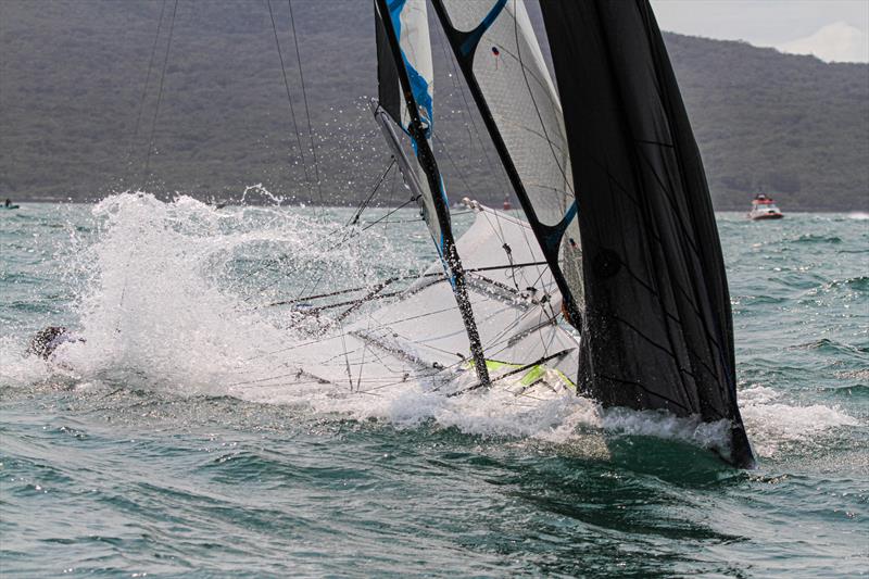 Molly Meech and Alex Maloney have a brief nosedive on the finish line of the final race in the Gold fleet - Hyundai 49erFX World Championships - December 2019 photo copyright Richard Gladwell / Sail-World.com taken at Royal Akarana Yacht Club and featuring the 49er FX class