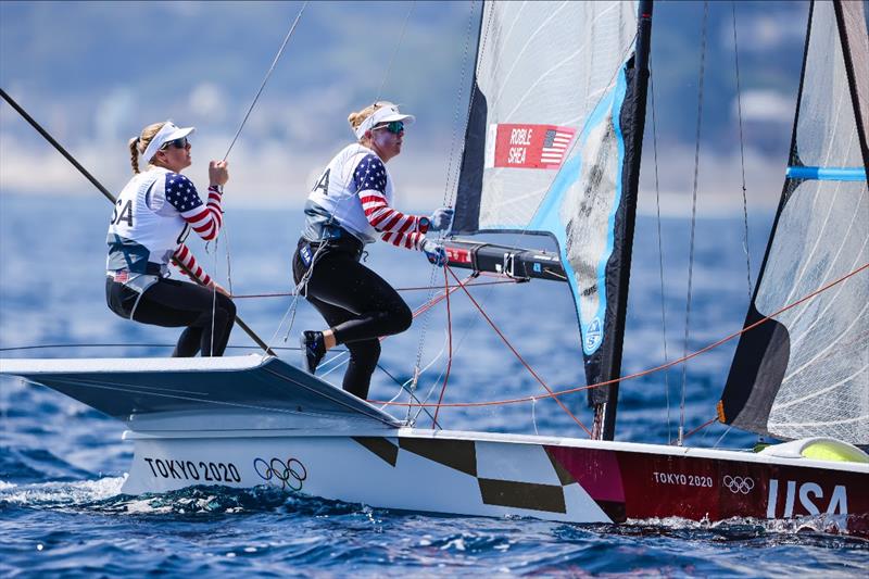 Stephanie Roble and Maggie Shea (USA) on day 7 of the Tokyo 2020 Olympic Sailing Competition photo copyright Sailing Energy / World Sailing taken at  and featuring the 49er FX class