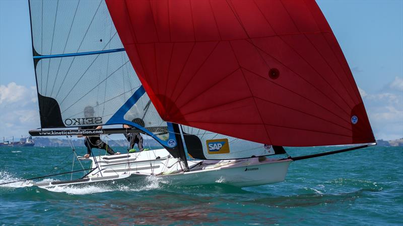 49erFX -  Day 2 - Oceanbridge NZL Sailing Regatta - Takapuna BC February 18, 2022 photo copyright Richard Gladwell / Sail-World.com/nz taken at Takapuna Boating Club and featuring the 49er FX class