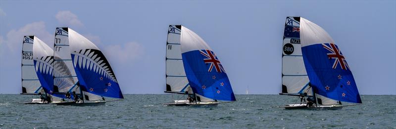 Kiwi flagged spinnakers - developed for the Olympic Regatta - 49erFX - Oceanbridge NZL Sailing Regatta - Day 4 - Takapuna BC February 20, - photo © Richard Gladwell - Sail-World.com/nz