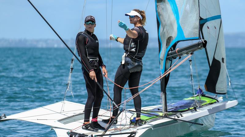 Jo Aleh (left) and Molly Meech between races - Oceanbridge NZL Sailing Regatta - Day 4 - Takapuna BC February 20, - photo © Richard Gladwell / Sail-World.com / nz