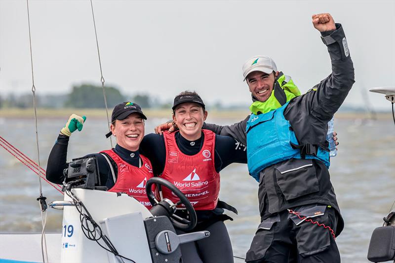 Olivia Price and Evie Haseldine with Coach Victor Paya - Hempel World Cup Series Allianz Regatta - photo © Sailing Energy / Hempel World Cup Series Allianz Regatta