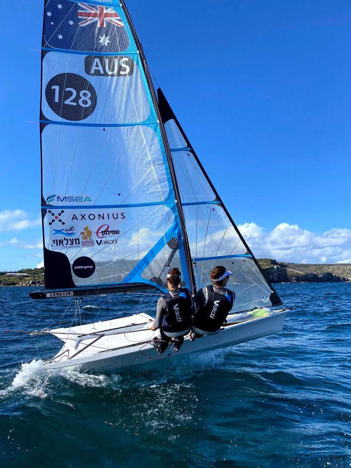 Team Israel 49er FX team training in Sydney with Nathan Wilmot as coach Helm is Noya Baram and crew is Saar Tamir - photo © Vaikobi