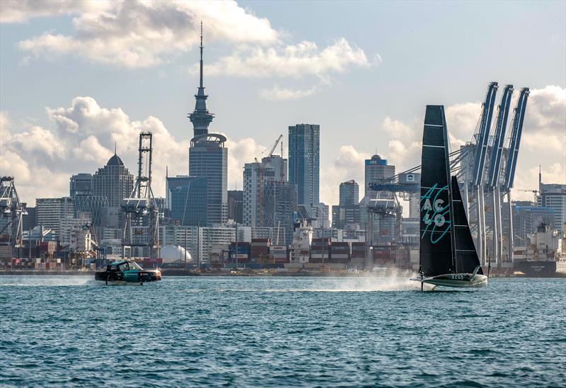 AC40 - returns home after its first sailing day accompanied by the team's foiling hydrogen powered chase boat - Auckland - September 21, 2022 photo copyright Hamish Hooper / Emirates Team New Zealand taken at Royal New Zealand Yacht Squadron and featuring the AC40 class