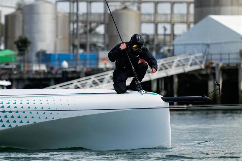 Bowsprit and forestay detail - America's Cup Joint Recon Emirates Team New Zealand AC40 Day 2 - September 21, 2022 photo copyright Adam Mustill / America's Cup taken at Royal New Zealand Yacht Squadron and featuring the AC40 class