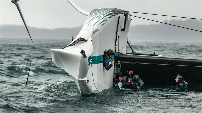 Emirates Team NZ's AC40 bow is re-shaped as a result of forces substantially greater than experienced in AC75 incidents - photo © Adam Mustill / America's Cup