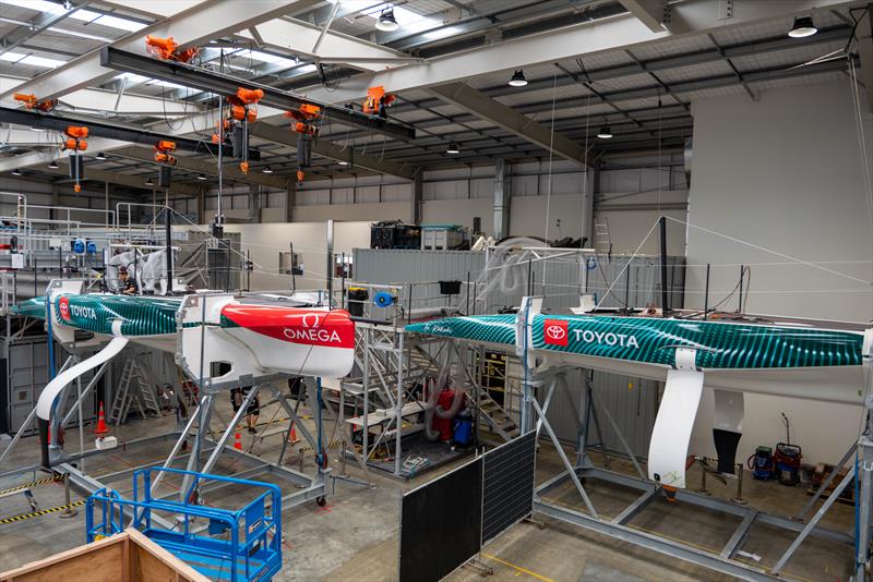 Emirates Team New Zealand LEQ12 and AC40-OD side by side in the ETNZ build facility - December 16, 2022 photo copyright Hamish Hooper / Emirates Team New Zealand taken at Royal New Zealand Yacht Squadron and featuring the AC40 class