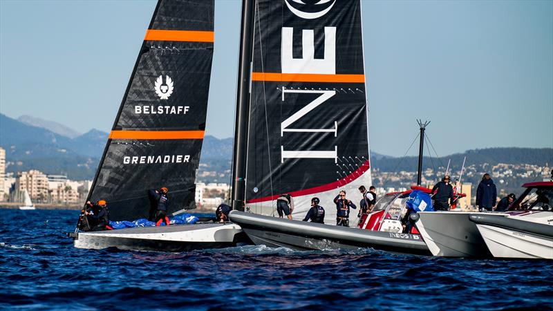 Support crews confer - INEOS Britannia  -   LEQ12 - January 12, 2023 - Badia de Palma - Mallorca photo copyright Ugo Fonolla / America's Cup taken at Royal Yacht Squadron and featuring the AC40 class