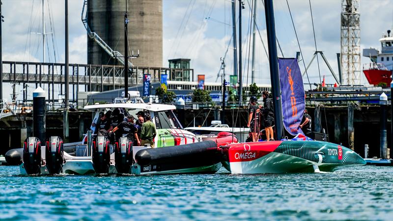 Mainsail hoisting  - Emirates Team NZ -  AC40-1|LEQ12 - January 20, 2023 - Hauraki Gulf photo copyright Adam Mustill / America's Cup taken at Royal New Zealand Yacht Squadron and featuring the AC40 class