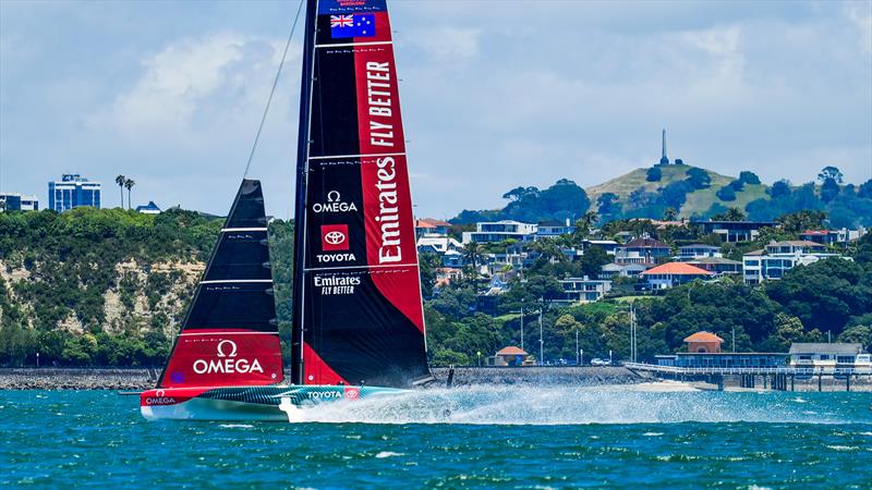 Sending it down the Waitemata - Emirates Team NZ - AC40-1|LEQ12 - January 20, 2023 - Hauraki Gulf - photo © Adam Mustill / America's Cup