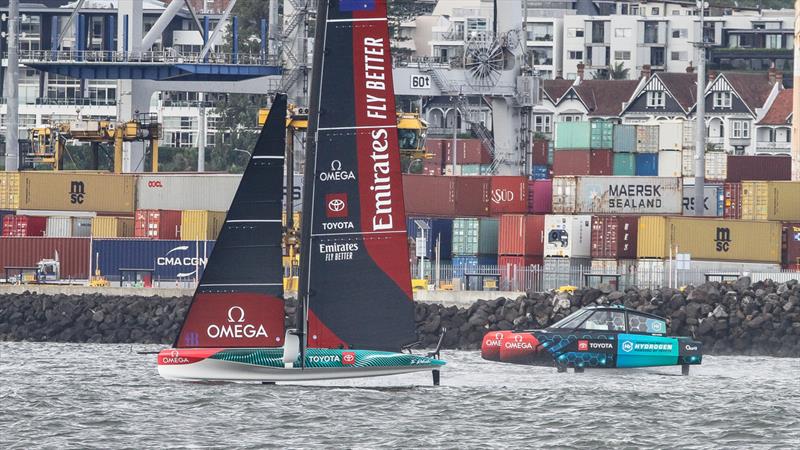 Emirates Team NZ's  AC40 OD with Hydrogen powered Chase boat - February 2, 2023 photo copyright Richard Gladwell - Sail-World.com / nz taken at Royal New Zealand Yacht Squadron and featuring the AC40 class