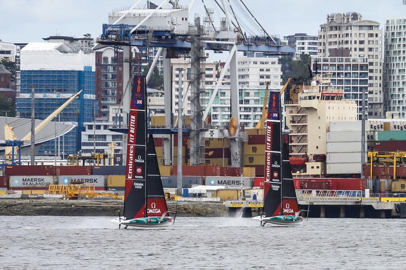 Emirates Team NZ's two AC40's return from a first two boat testing session - February 2, 2023 photo copyright Richard Gladwell - Sail-World.com / nz taken at Royal New Zealand Yacht Squadron and featuring the AC40 class