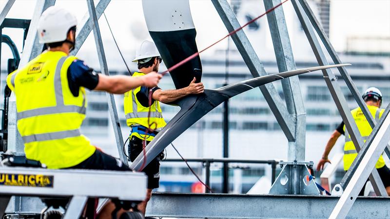 Anhedral foil - Emirates Team New Zealand - LEQ12 - Hauraki Gulf - February 2, 2023 photo copyright Adam Mustill / America's Cup taken at Royal New Zealand Yacht Squadron and featuring the AC40 class