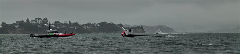 Emirates Team New Zealand - AC40 - OD capsize after striking a UFO - Hauraki Gulf - February 3, 2023 - photo © Adam Mustill / America's Cup