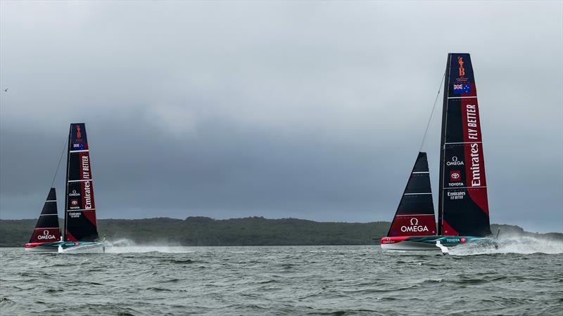 Emirates Team New Zealand - Two boat testing @46kts plus - AC40 - Hauraki Gulf - February 3, 2023 - photo © Adam Mustill / America's Cup
