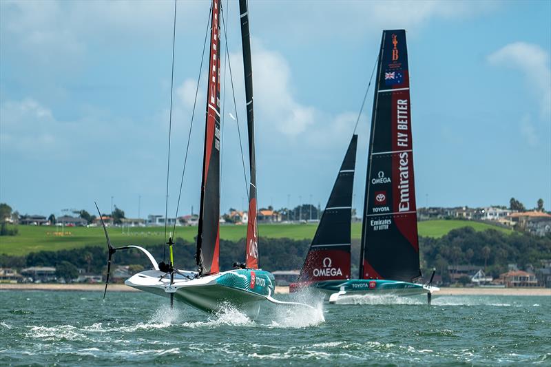 Emirates Team New Zealand  -   LEQ12 (nearest camera) and AC-40 OD  - February 7, 2023 - Eastern Beach, Auckland NZ - photo © Adam Mustill / America's Cup