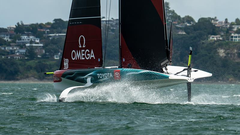 Emirates Team New Zealand  -   LEQ12 riding on her anhedral test foil  - February 7, 2023 - Eastern Beach, Auckland NZ photo copyright Adam Mustill / America's Cup taken at Royal New Zealand Yacht Squadron and featuring the AC40 class