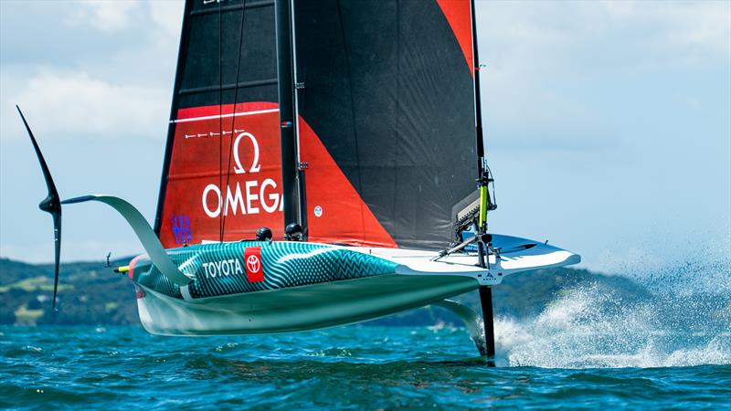 The anhedral development foil - Emirates Team New Zealand  -  AC-40 | LEQ12 -  February 8, 2023 - 'The Paddock' - Eastern Beach, Auckland NZ photo copyright Adam Mustill / America's Cup taken at Royal New Zealand Yacht Squadron and featuring the AC40 class