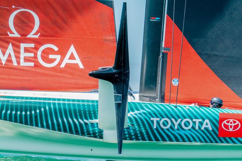 The anhedral development foil - Emirates Team New Zealand  - AC-40 | LEQ12 - February 8, 2023 - 'The Paddock' - Eastern Beach, Auckland NZ photo copyright Adam Mustill / America's Cup taken at Royal New Zealand Yacht Squadron and featuring the AC40 class
