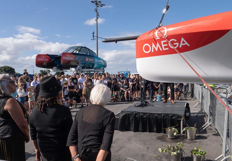 Emirates Team New Zealand  -  Te Kakahi - AC40 launch - February 9, 2023 - ETNZ base -  Auckland NZ photo copyright James Somerset/Emirates Team NZ taken at Royal New Zealand Yacht Squadron and featuring the AC40 class